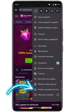 Opcion Anadir a pantalla de inicio en menu del navegador