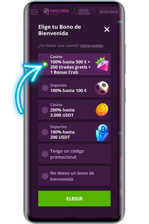 Selección de bono tras registro en casino online