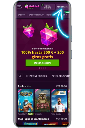 Casino online lobby con botón de registro